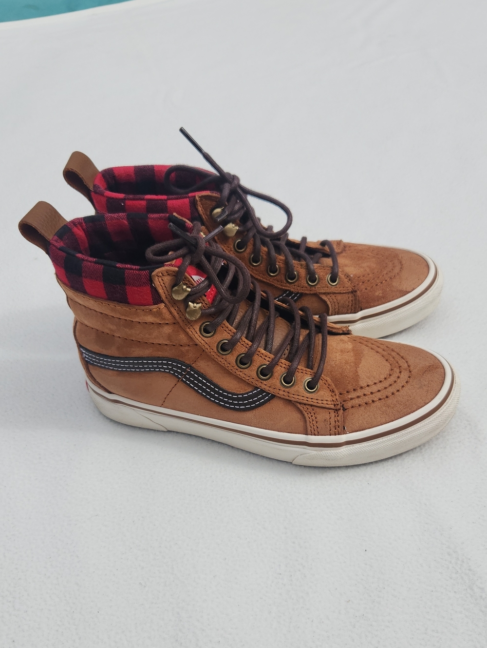 ​Vans Sk8-Hi Scotchgard Brown Suede Red Buffalo Plaid High Top Sneakers Sz 5.5